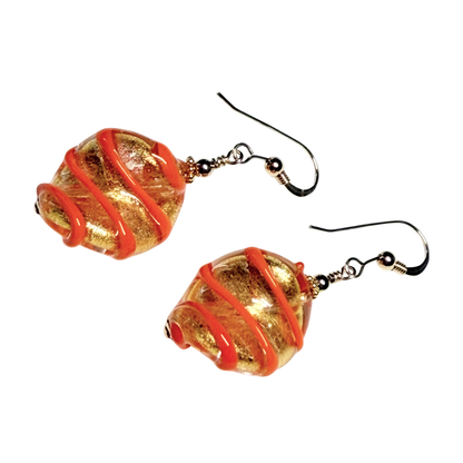 Boucles d'oreilles Murano en verre torsadé orange et or