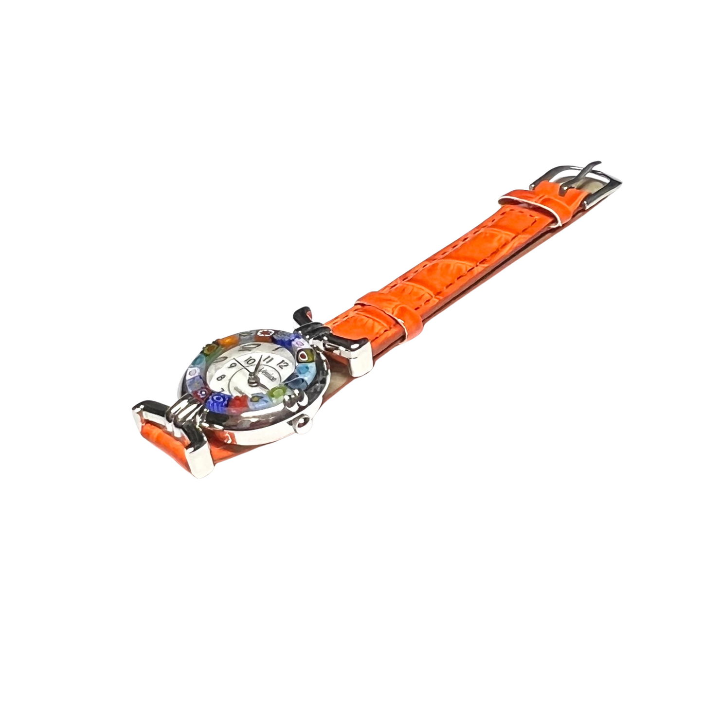 Murano Glass Colorful Millefiori Orange Leather Band Watch