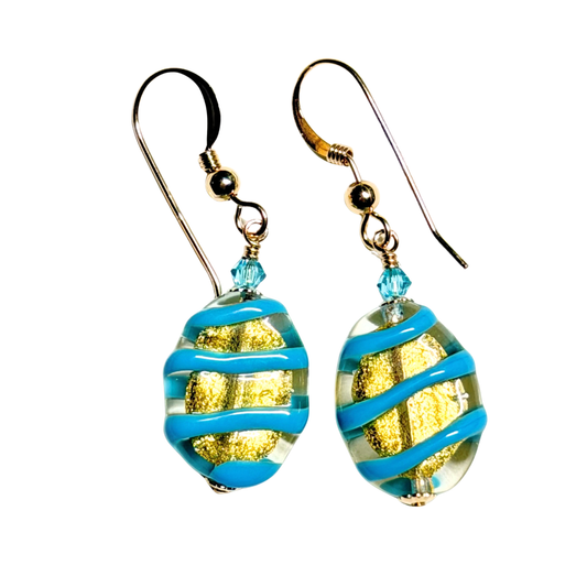 Italian Murano Glass Turquoise Oval Gold Earrings