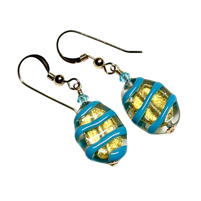 Italian Murano Glass Turquoise Oval Gold Earrings