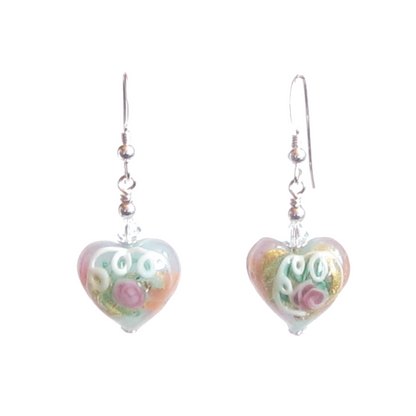 Murano Glass Aquamarine Heart Wedding Cake Silver Earrings