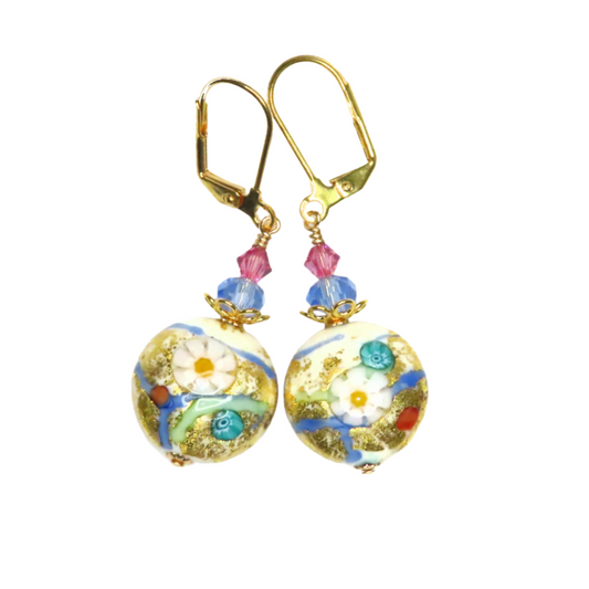 Boucles d'oreilles en or avec disques Murano Millefiori Pastel
