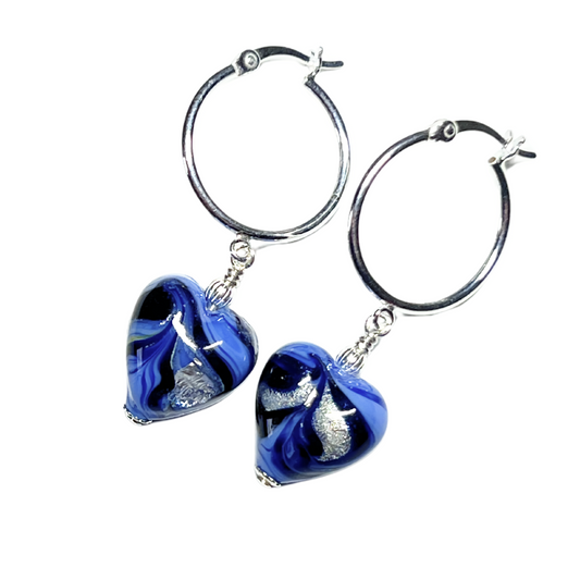 Murano glass blue heart hoop earrings