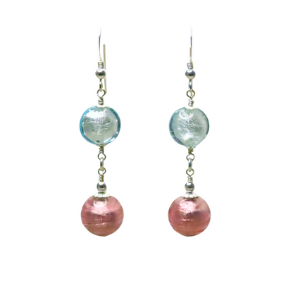 a pair of earrings with pink and blue beads