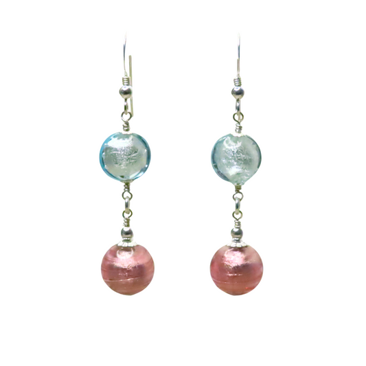 a pair of earrings with pink and blue beads