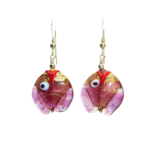 Murano Glass Pink Fish Gold Earrings