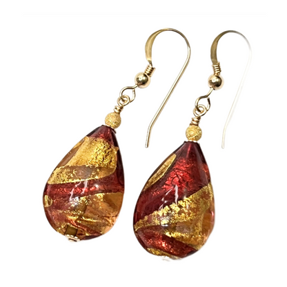 Murano glass peach pink teardrop gold earrings by JKC Murano