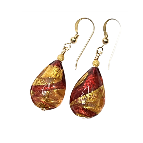Murano Glass Pink Peach Teardrop Gold Earrings by JKC Murano