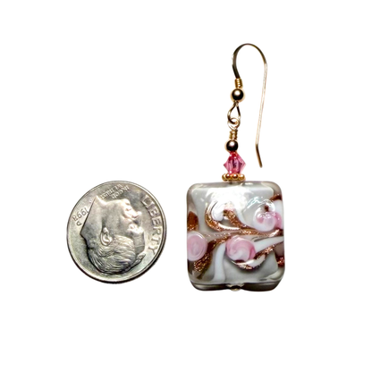 Murano Glass Pink Rose Square Gold Earrings – Handmade Italian Elegance