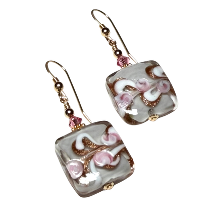 Murano Glass Pink Rose Square Gold Earrings – Handmade Italian Elegance