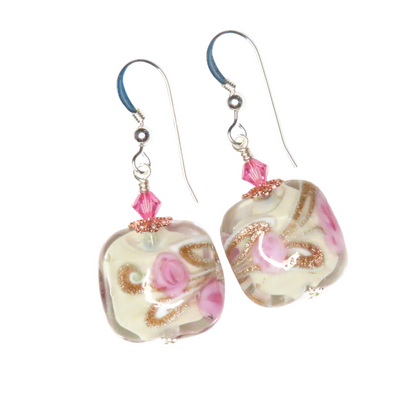 Murano Glass Pink Roses Cream Copper Square Silver Earrings