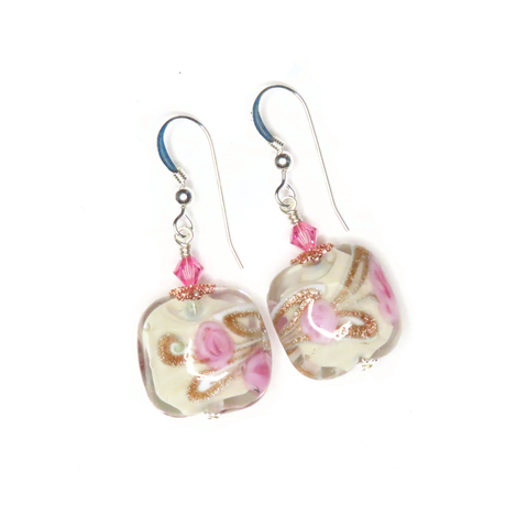 Murano Glass Pink Roses Cream Copper Square Silver Earrings
