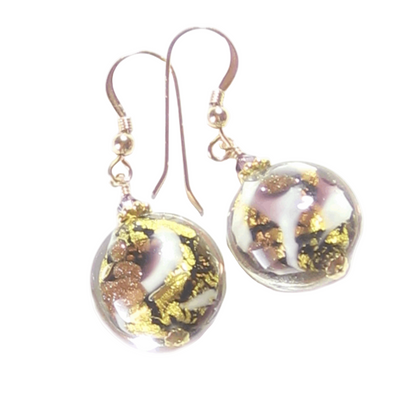 Murano Glass Amethyst Black Disc Gold Earrings, Fishhook Earrings - JKC Murano