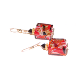 Murano Red Black Gray Swirl Square Gold Earrings