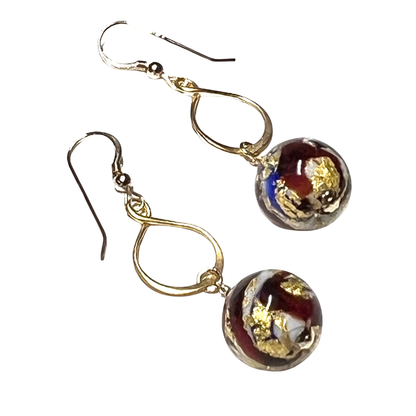Handmade Murano Glass Red and Blue Ball Drop Gold Earrings