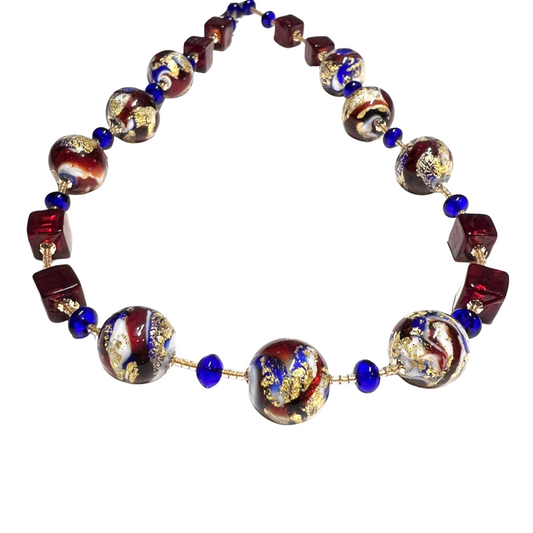 Murano Glass Red White Blue Gold Necklace