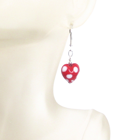 Murano Glass Red Heart Polka Dot Sterling Silver Earrings, Venetian Jewelry
