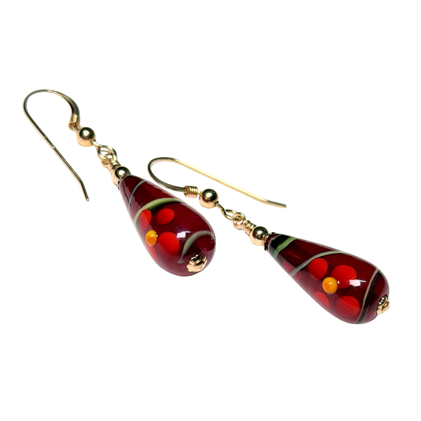 Murano Red Flower Teardrop Gold Earrings
