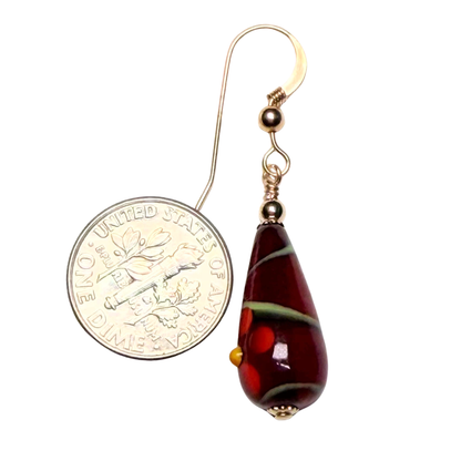 Murano Red Flower Teardrop Gold Earrings