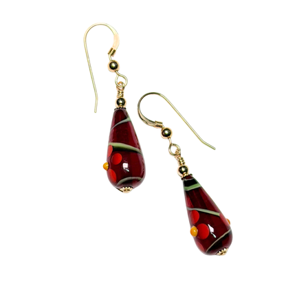 Murano Red Flower Teardrop Gold Earrings