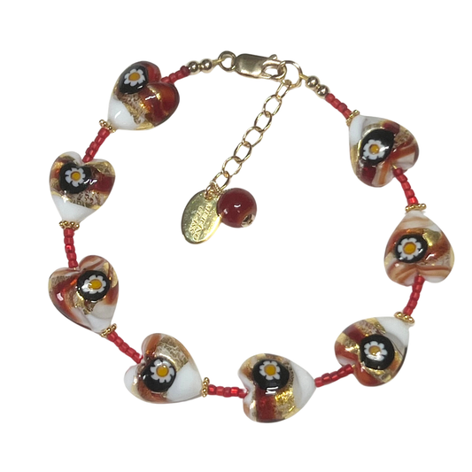 Murano Glass Red Millefiori Heart Adjustable Bracelet