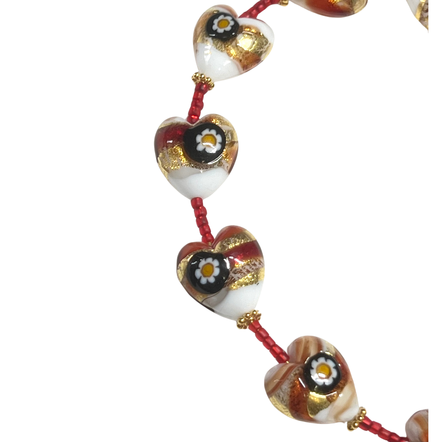 Murano Glass Red Millefiori Heart Adjustable Bracelet