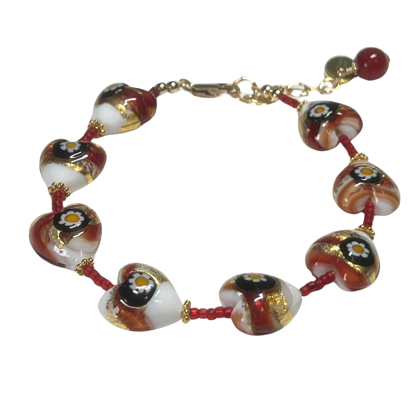 Murano Glass Red Millefiori Heart Adjustable Bracelet