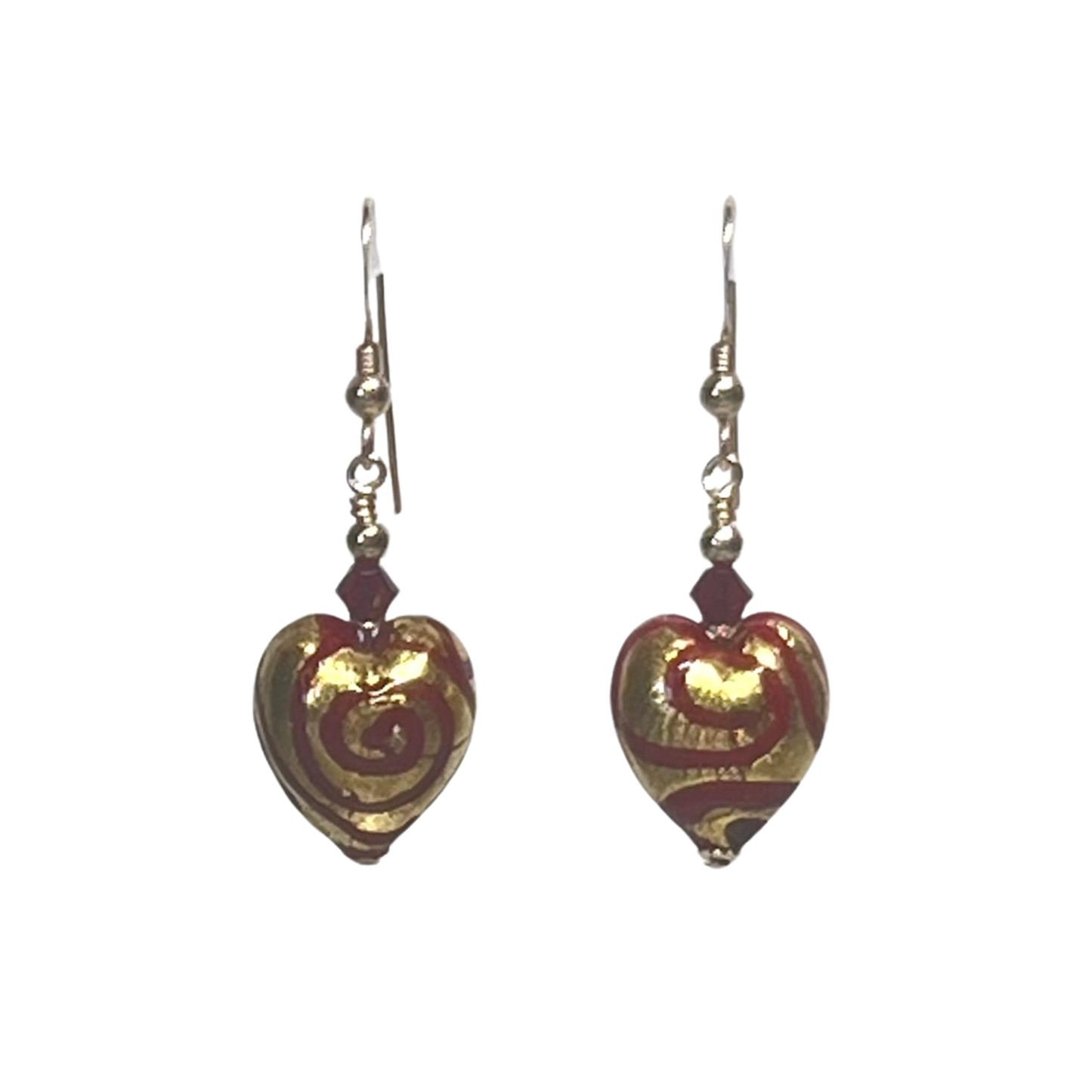 Murano Glass Earrings with Red Swirl Heart Beads, Gold Earrings