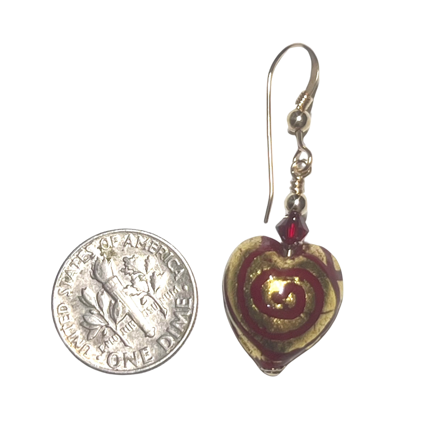 Murano Glass Earrings with Red Swirl Heart Beads, Gold Earrings