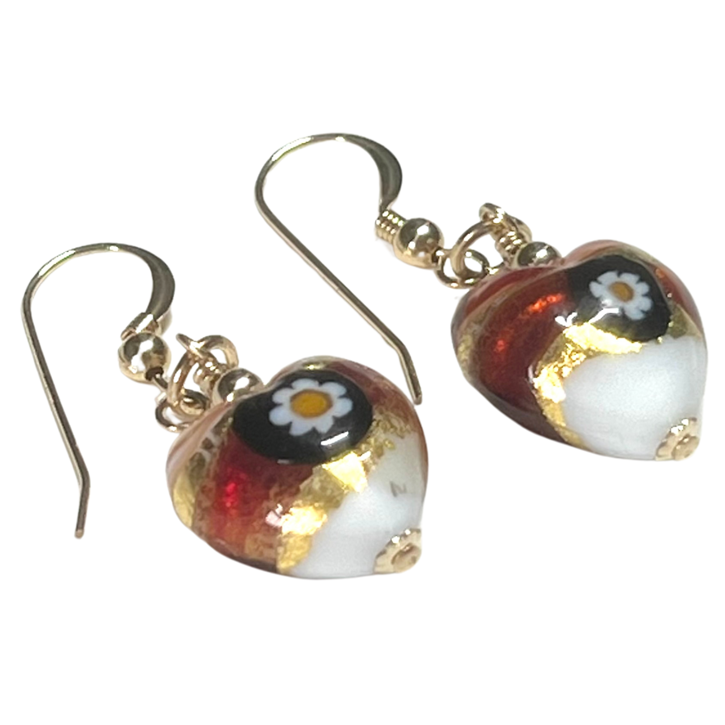 Murano Red Millefiori Heart Gold Earrings