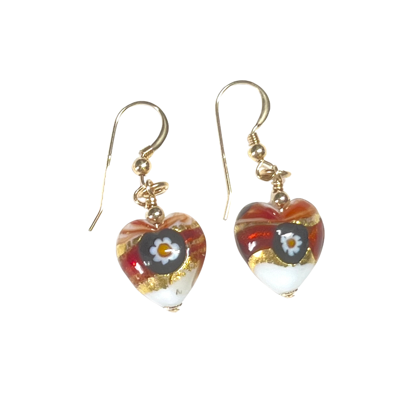 Murano Red Millefiori Heart Gold Earrings