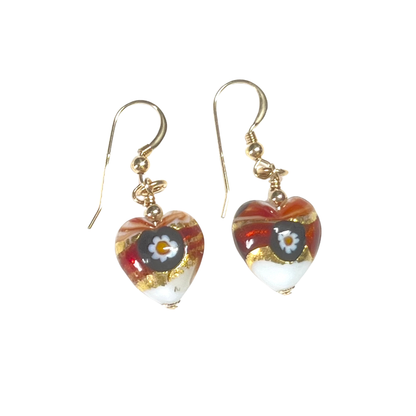 Murano Red Millefiori Heart Gold Earrings
