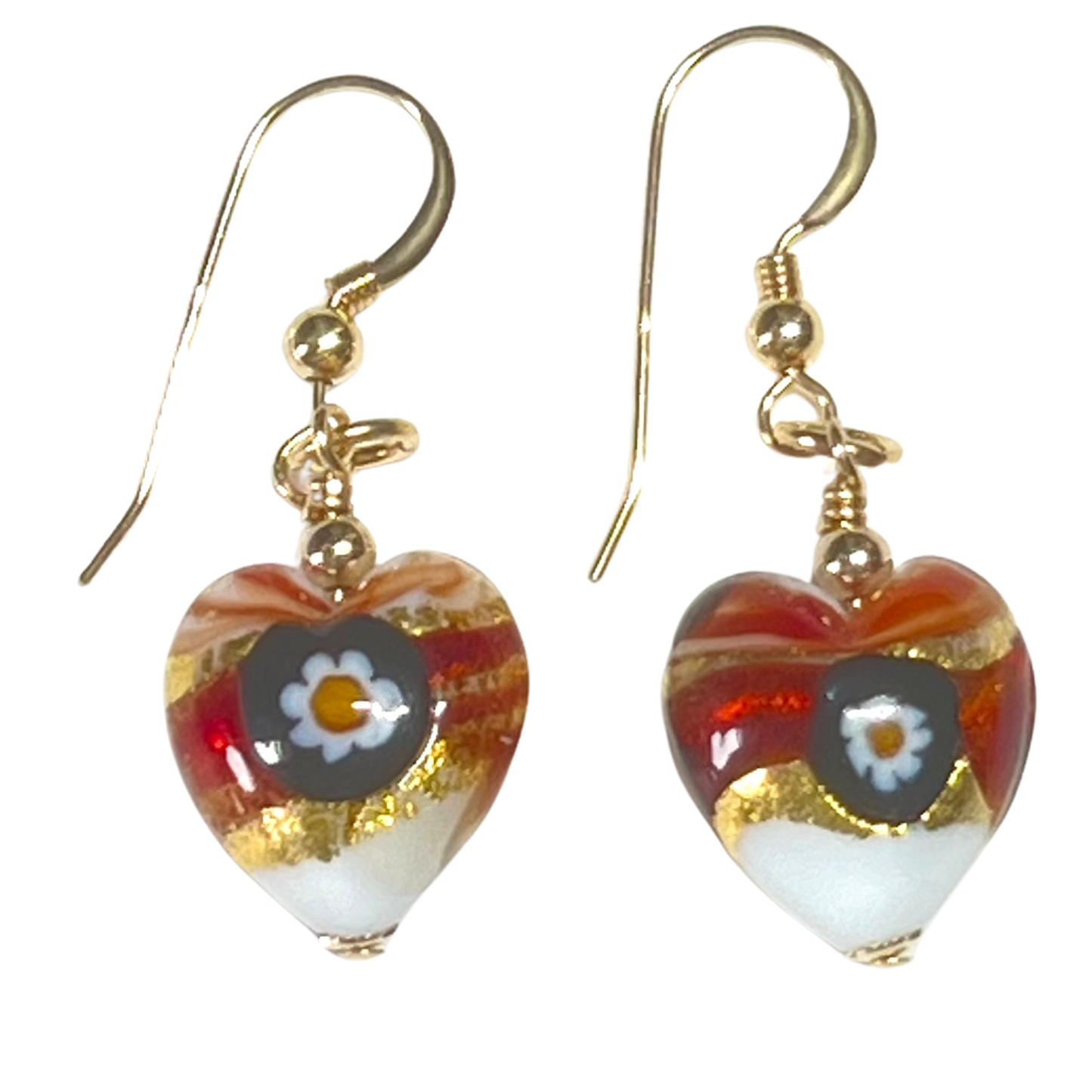 Murano Red Millefiori Heart Gold Earrings