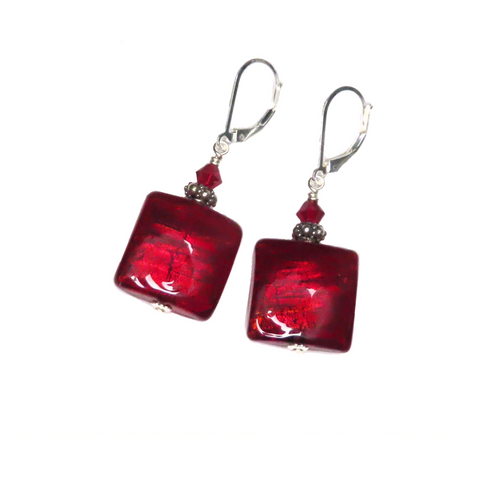 Murano Glass Red Square Sterling Silver Earrings, Venetian Jewelry