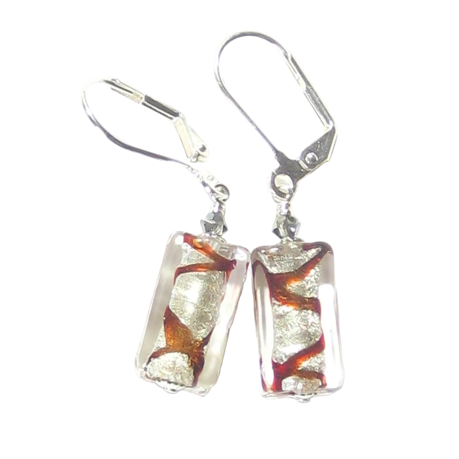 Murano red silver earrings rectangular, multicolored glass drops on a white background