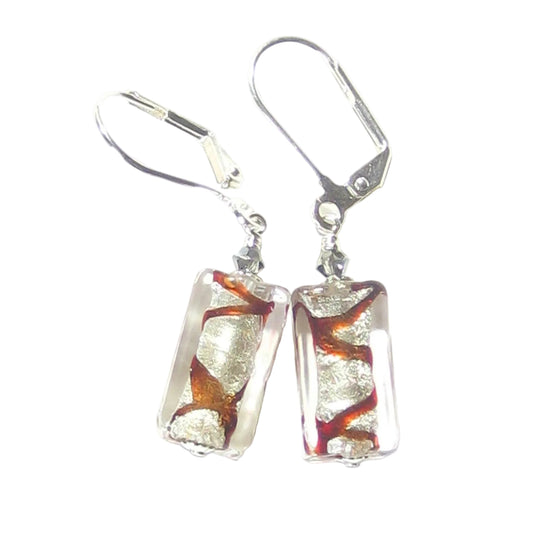 Murano red silver earrings rectangular, multicolored glass drops on a white background