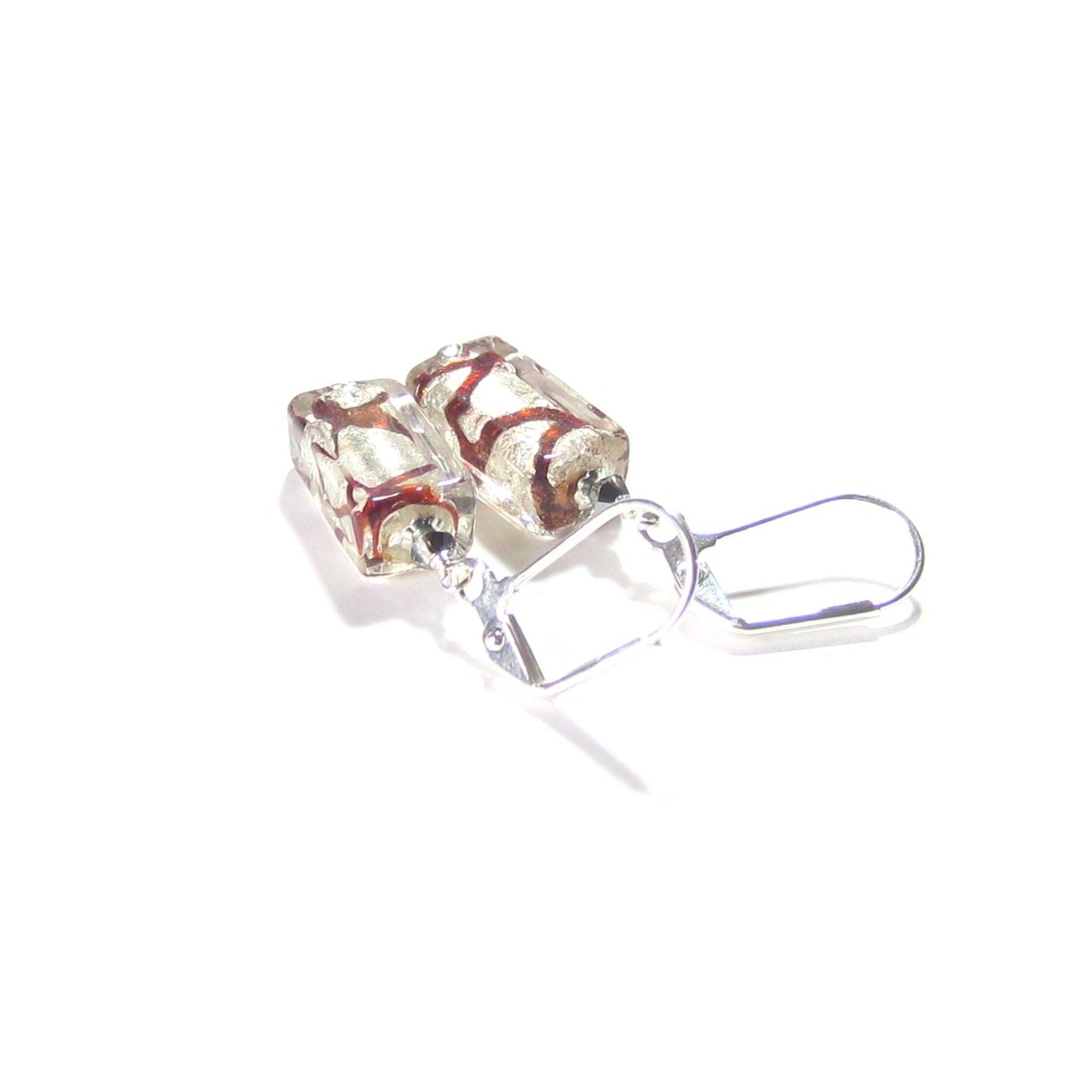 Murano Red Rectangle Tigrato Silver Earrings