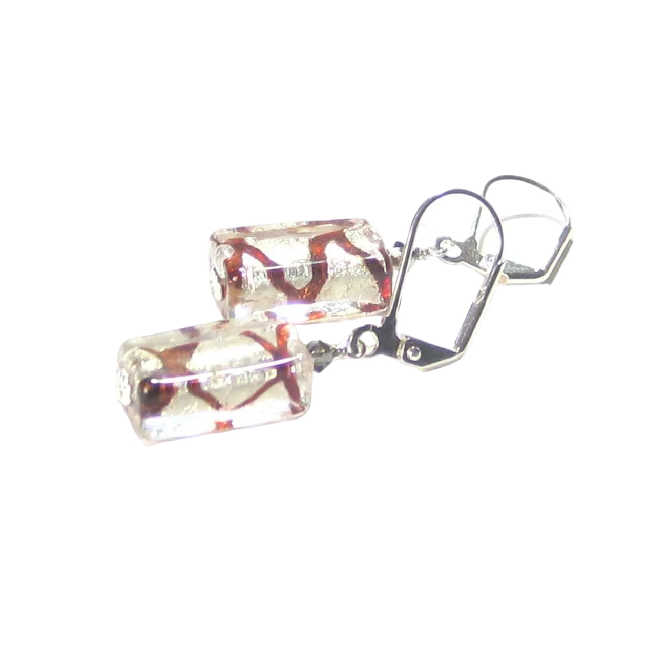 murano red silver rectangle earrings on a white background