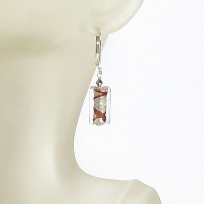 Murano Red Rectangle Tigrato Silver Earrings