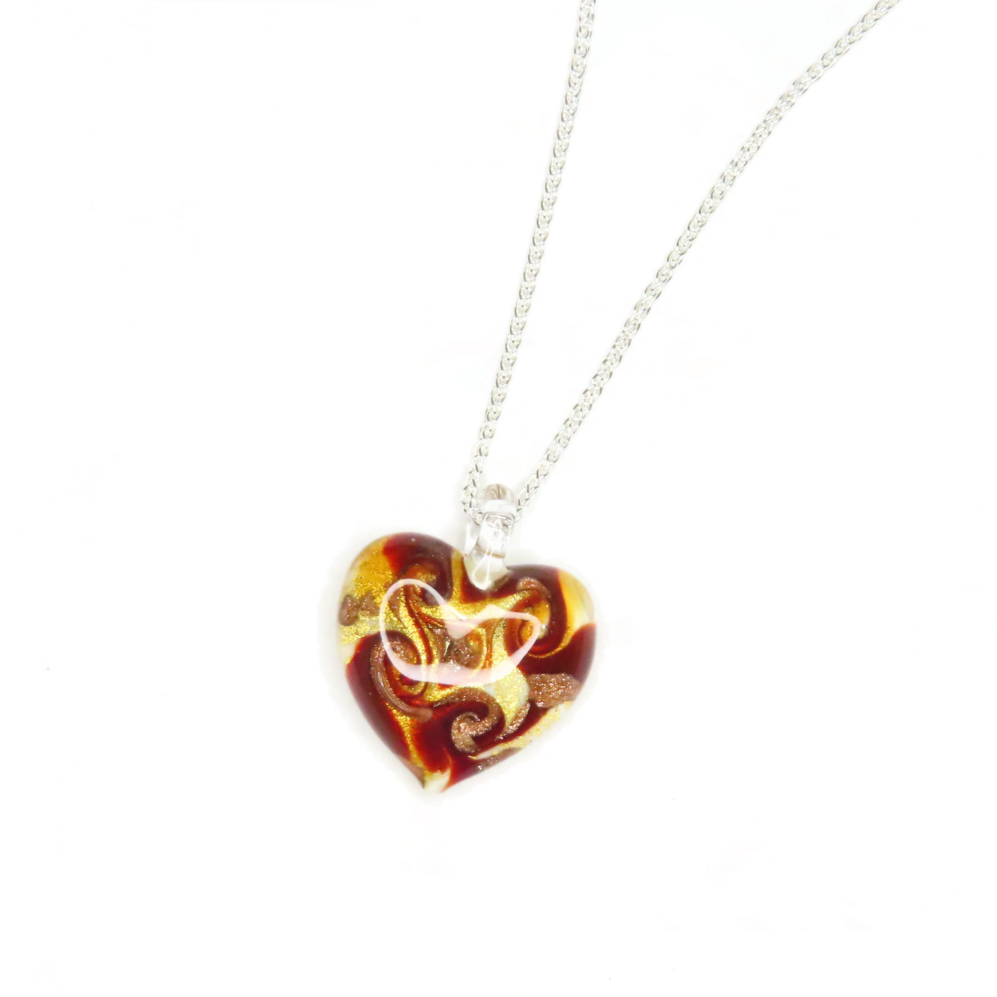 Murano Glass Red Copper Gold Swirl Heart Pendant Necklace