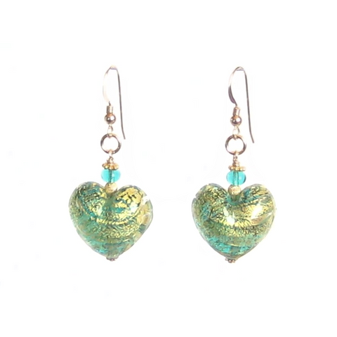 Murano Glass Sea Green Chunky Heart Gold Earrings