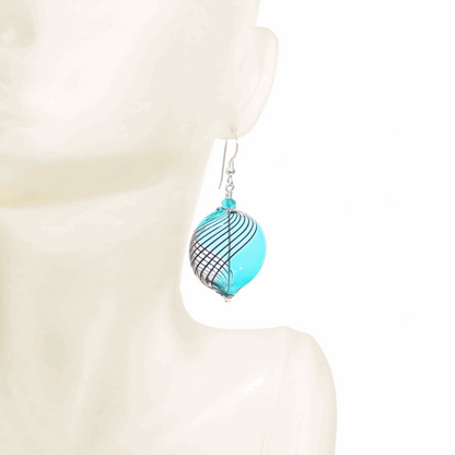 Murano Blown Glass Sea Green Black Disc Silver Earrings