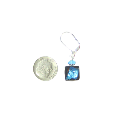 Murano Glass Aqua Dark Topaz Cube Sterling Silver Earrings