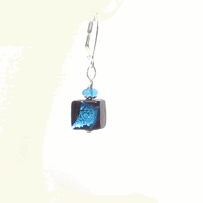 Murano Glass Aqua Dark Topaz Cube Sterling Silver Earrings - JKC Murano