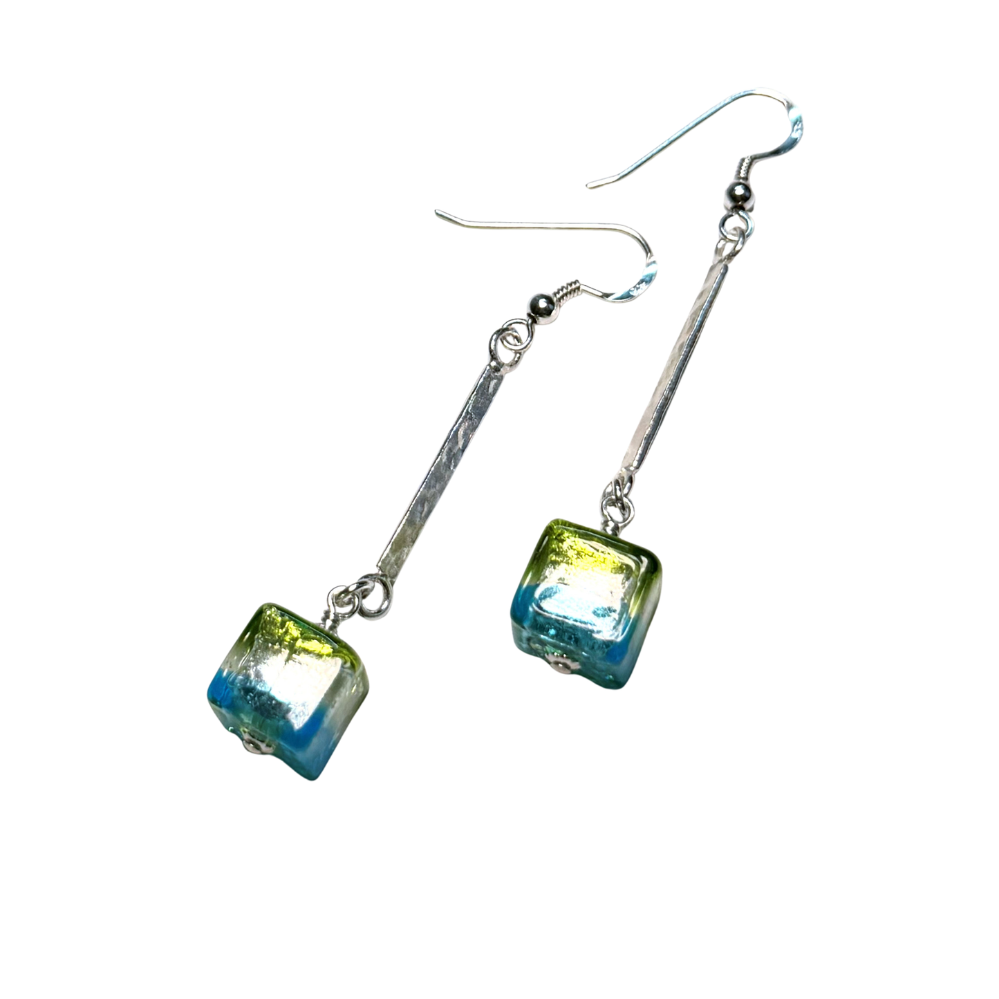 Blue Green Murano Glass Cube Dangle Silver Earrings
