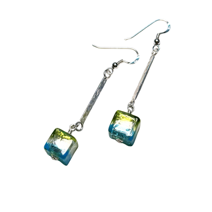 Blue Green Murano Glass Cube Dangle Silver Earrings