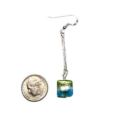 Blue Green Murano Glass Cube Dangle Silver Earrings