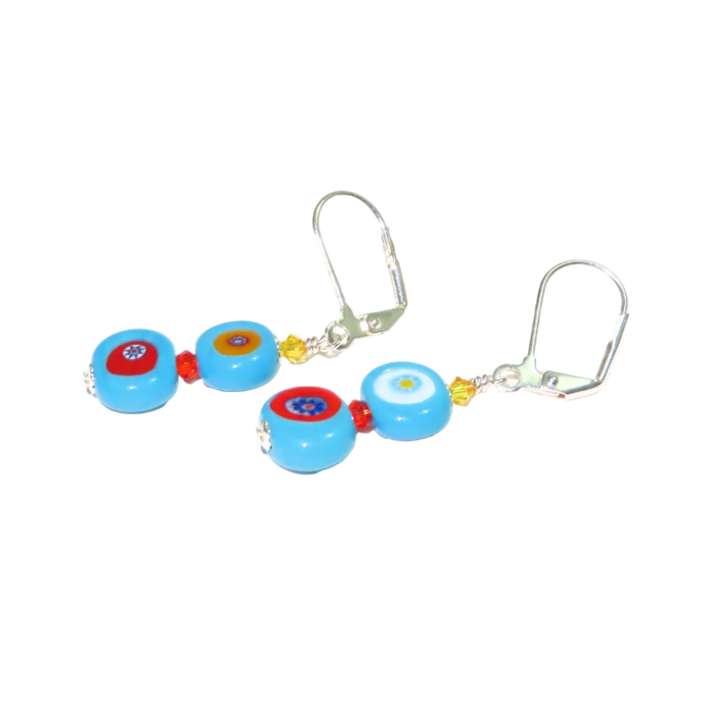 Pair of Murano millefiori earrings with turquoise blue and red beads on a white background
