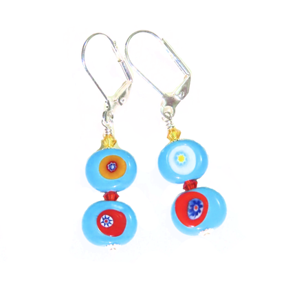Murano Colorful Turquoise Millefiori Silver Earrings