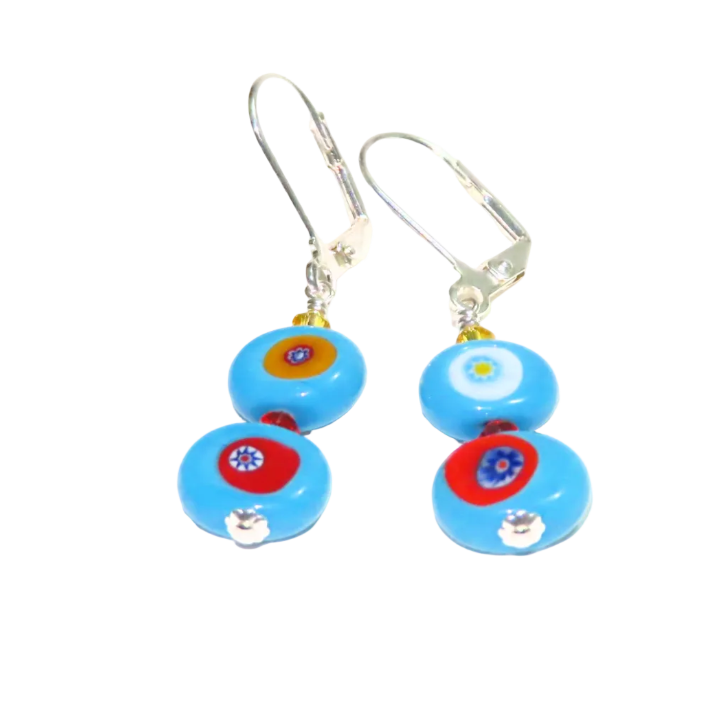 Murano Colorful Turquoise Millefiori Silver Earrings